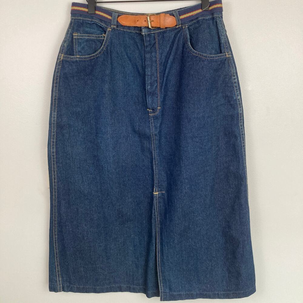 VTG Denim Slit Front Midi Skirt 28" Waist/Size M Country Western Cowgirl Belted